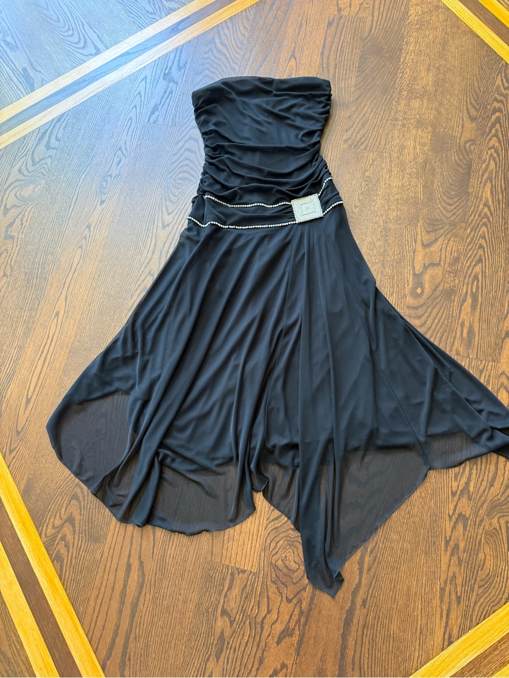 Strapless Black Chiffon Handkerchief Hem Dress - Picture 4 of 6